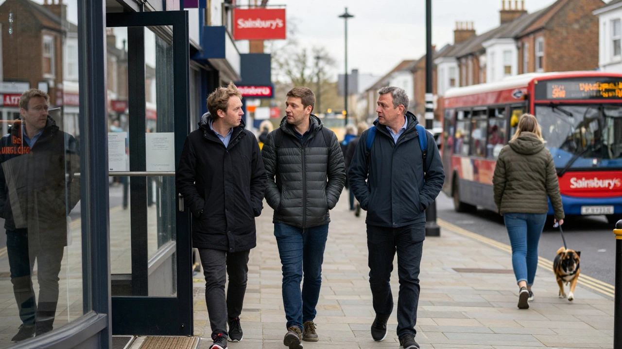 A client and escort pass near a Sainsbury’s store in Hendon, blending into the everyday rhythm of North London life.