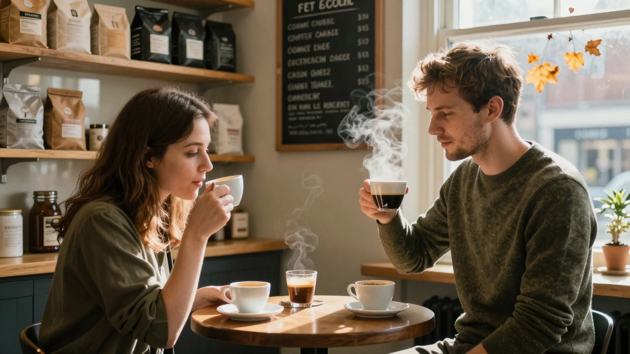 A couple enjoying coffee at a local roastery, relaxed and engaged in quiet conversation.