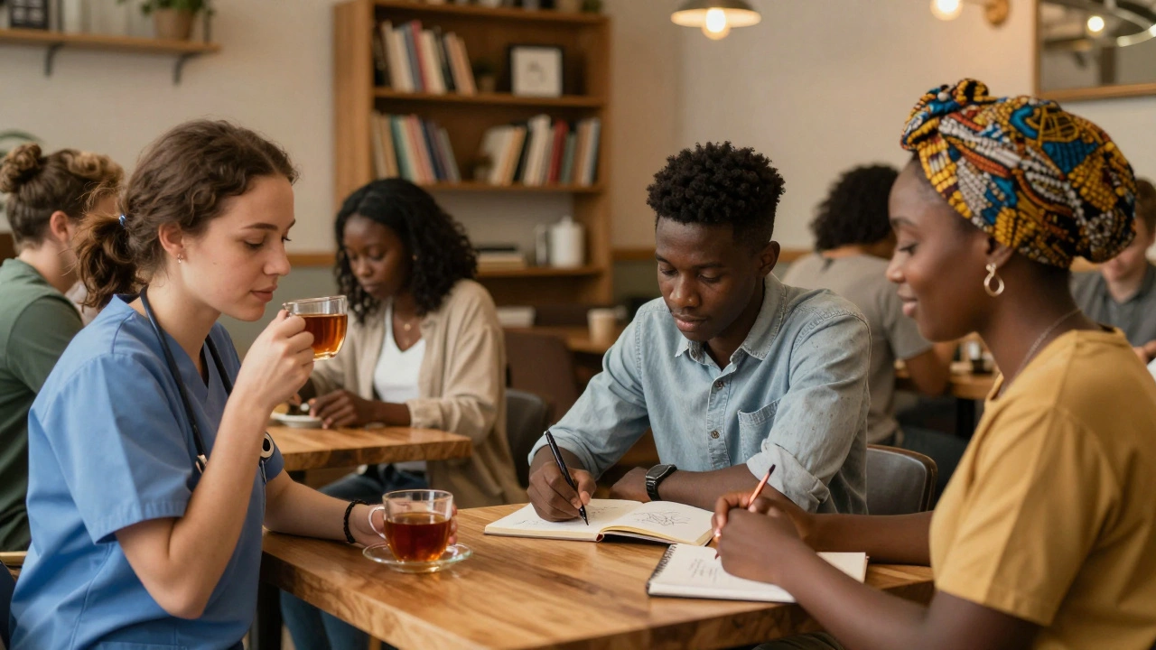 A diverse group enjoying a quiet afternoon in a local Sudbury café, with warm lighting and bookshelves in the background.