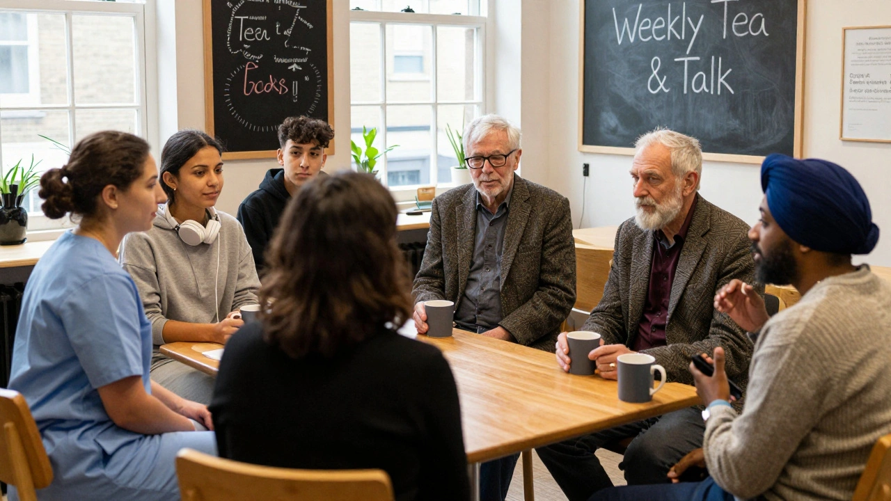 A diverse group of locals having quiet conversation over tea in a community room near Wembley Library.