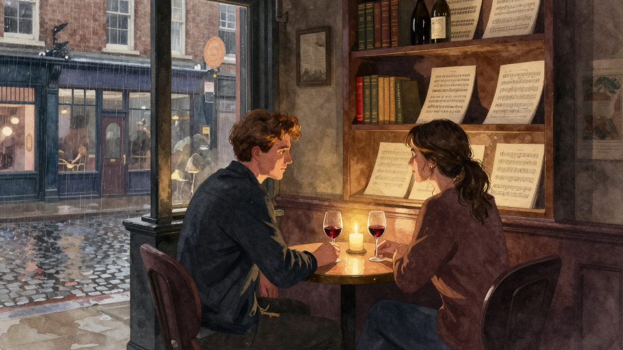 A quiet Islington wine lounge at night with candlelight, books, and two figures in respectful silence.