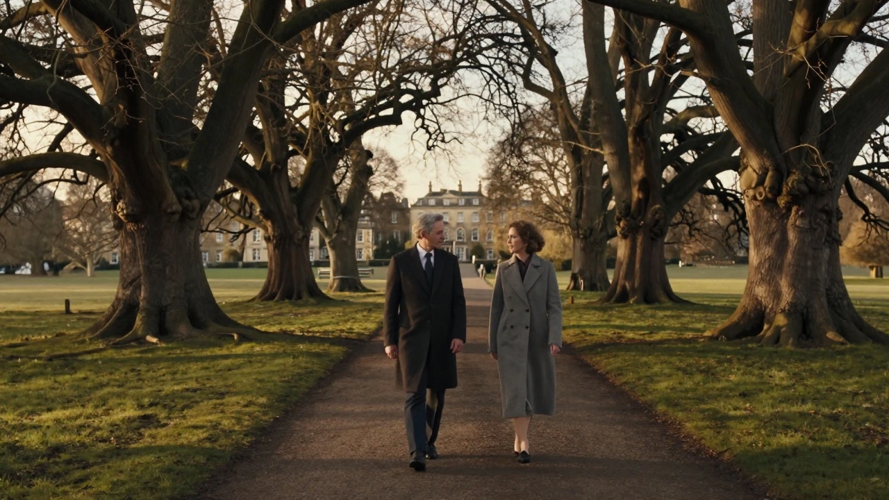 A serene walk through Hampstead Heath at sunset, two figures in elegant coats moving quietly through trees.