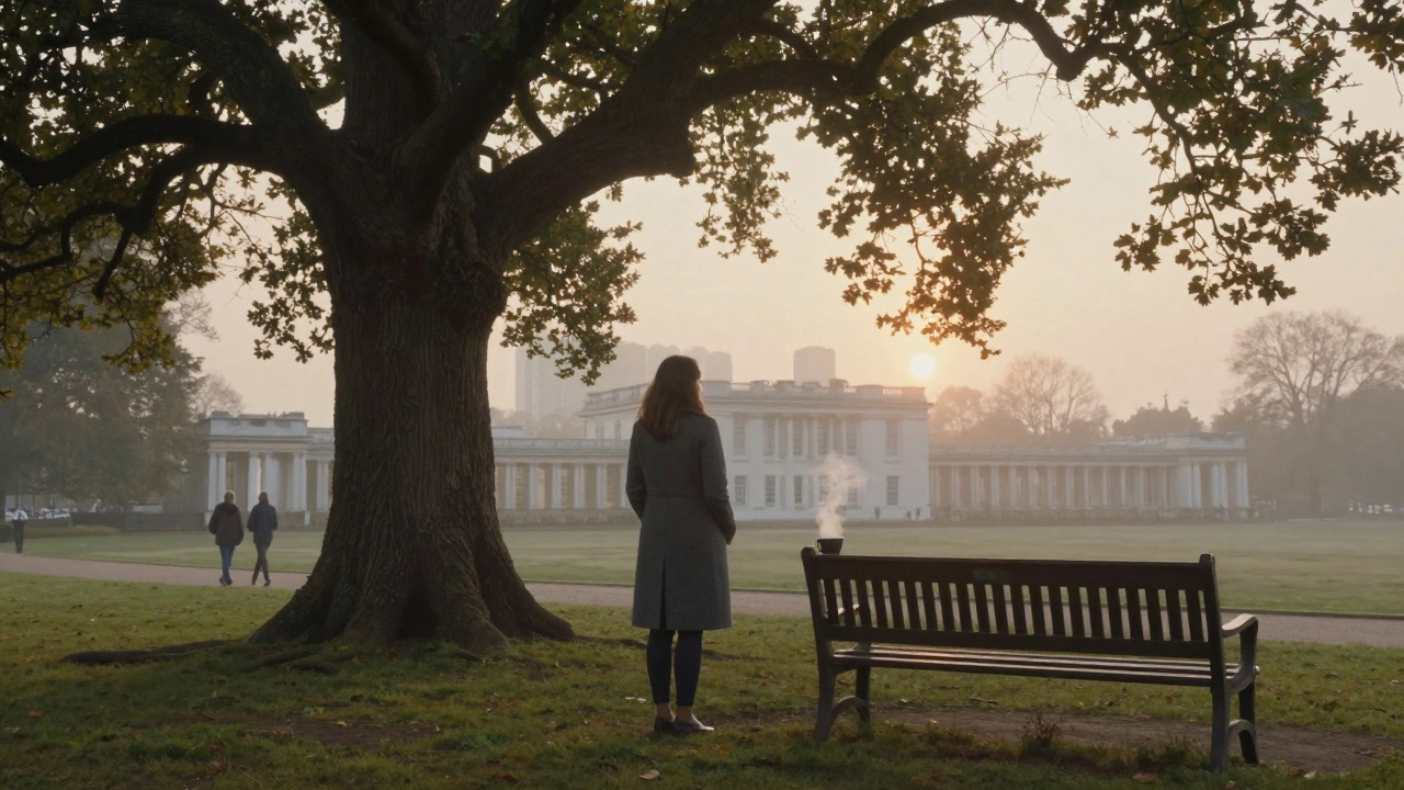 A woman stands alone in Greenwich Park at sunrise, gazing at the Prime Meridian line with a steaming coffee cup on a bench nearby.