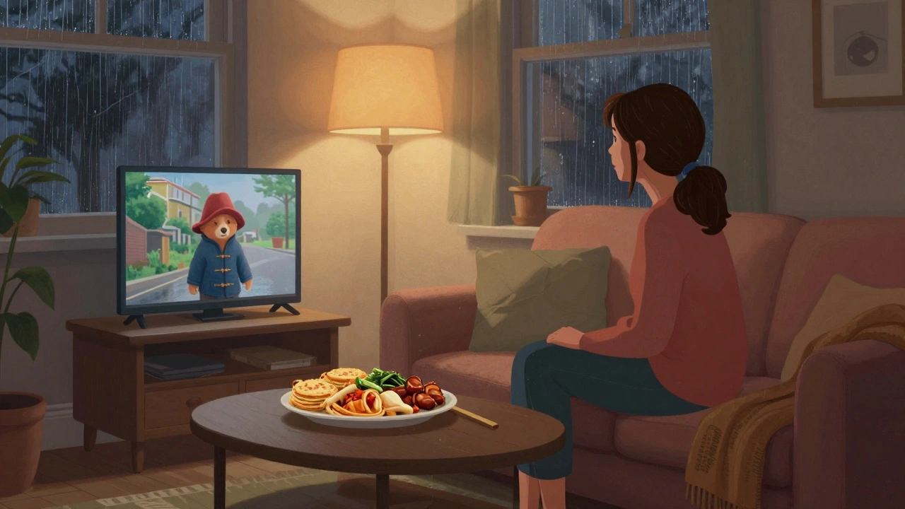 A woman watches a movie on a small screen in a cozy apartment, rain on the window, takeaway food on the table.
