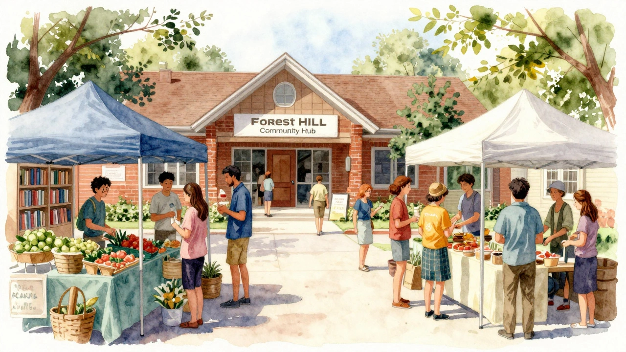 Forest Hill farmers' market near library with warm sunlight