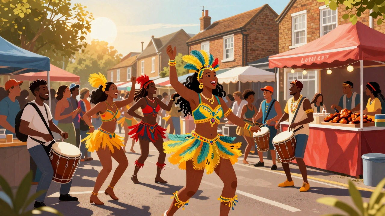 Lewisham Carnival parade with vibrant costumes and Caribbean food stalls.