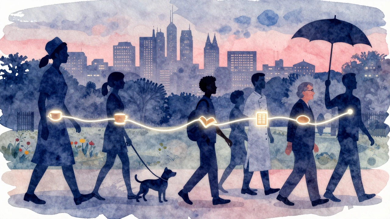 Silhouettes of diverse individuals walking through Victoria Park at twilight, connected by glowing threads symbolizing quiet human connections.