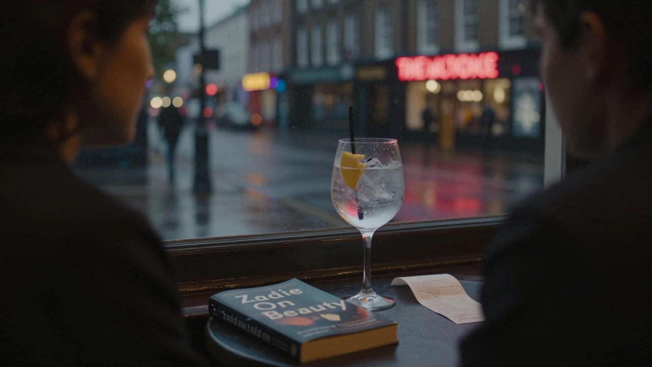 Someone alone in a pub window at dusk, watching London lights with a book nearby.