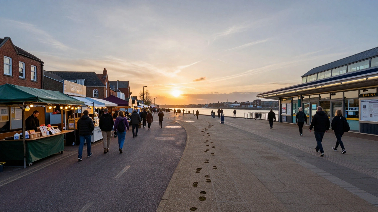 Three iconic Woolwich locations — market, river path, and DLR station — merge into one horizon, symbolizing the area’s diverse character.