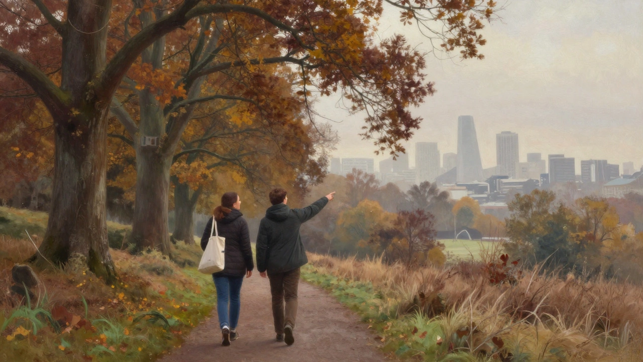 Two individuals walking a forest path on Hampstead Heath, enjoying a calm Sunday morning together.