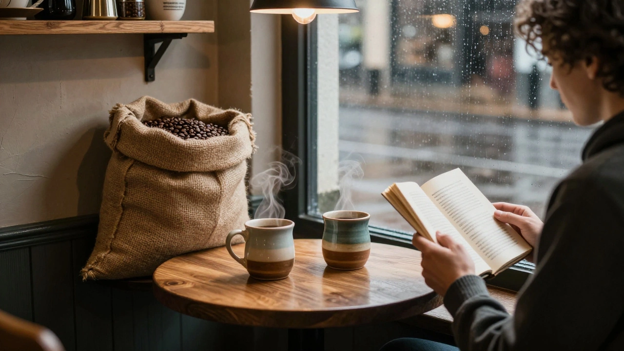 Two people enjoying quiet coffee at Hendon Coffee Co., with warm lighting and rain outside the window.