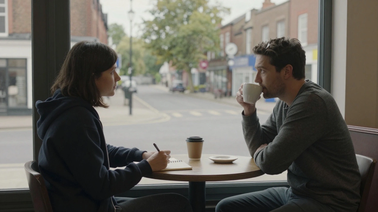 Two people meet for coffee at a quiet café in Bromley Town Centre, engaged in thoughtful conversation with no commercial elements visible.
