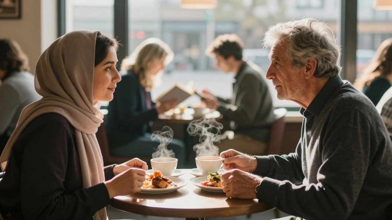 Two people sharing a quiet meal at Wembley Park Café in soft morning light.