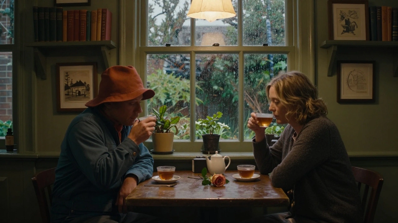 Two people sit in silent companionship at a cozy garden pub near Maida Vale, rain softly falling outside the window.