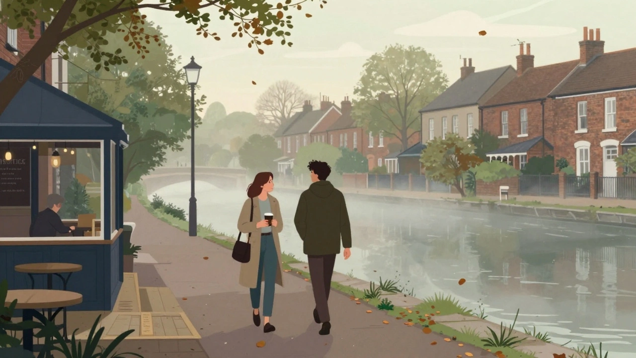 Two people walking peacefully along the River Lea in Clapton at dawn, surrounded by quiet homes and mist.