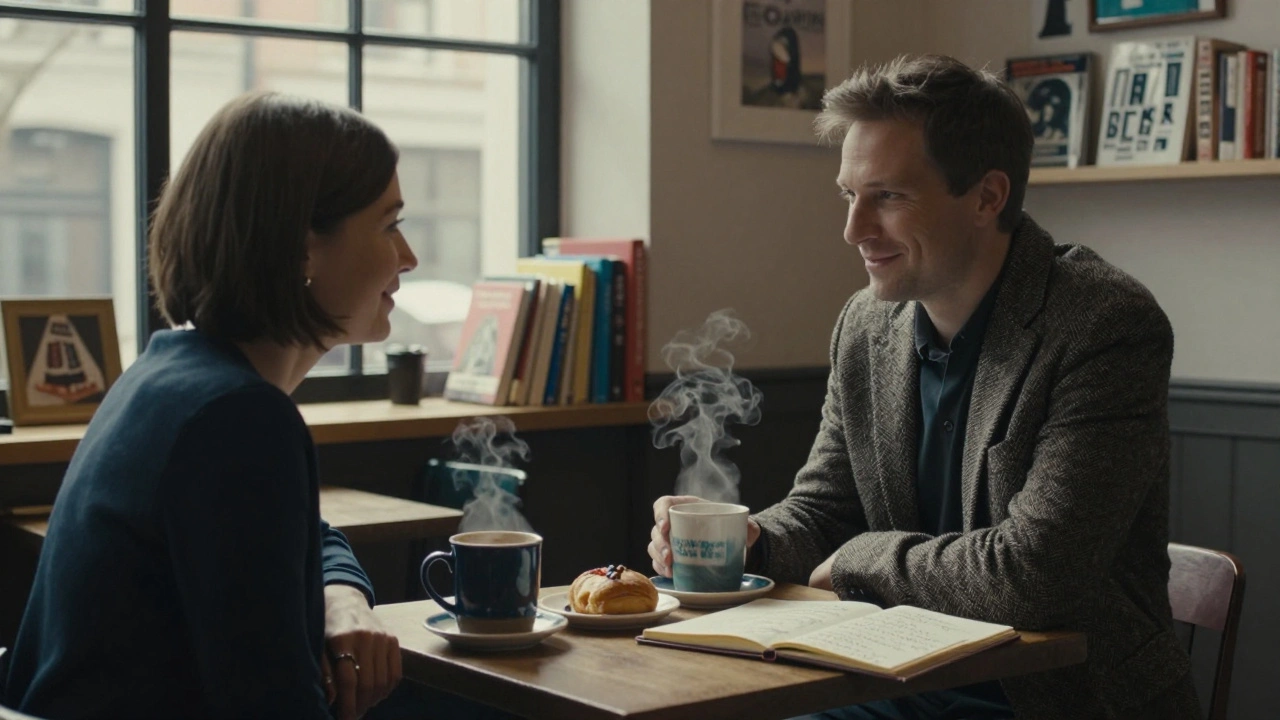 A couple enjoying coffee and conversation at The Old Truman Brewery café, with warm lighting and local details.