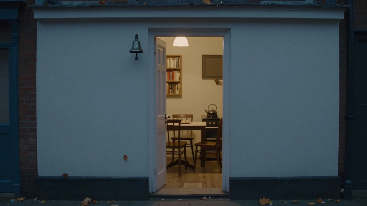 A discreet door above a library in Woolwich, slightly open, revealing a cozy, unmarked space.