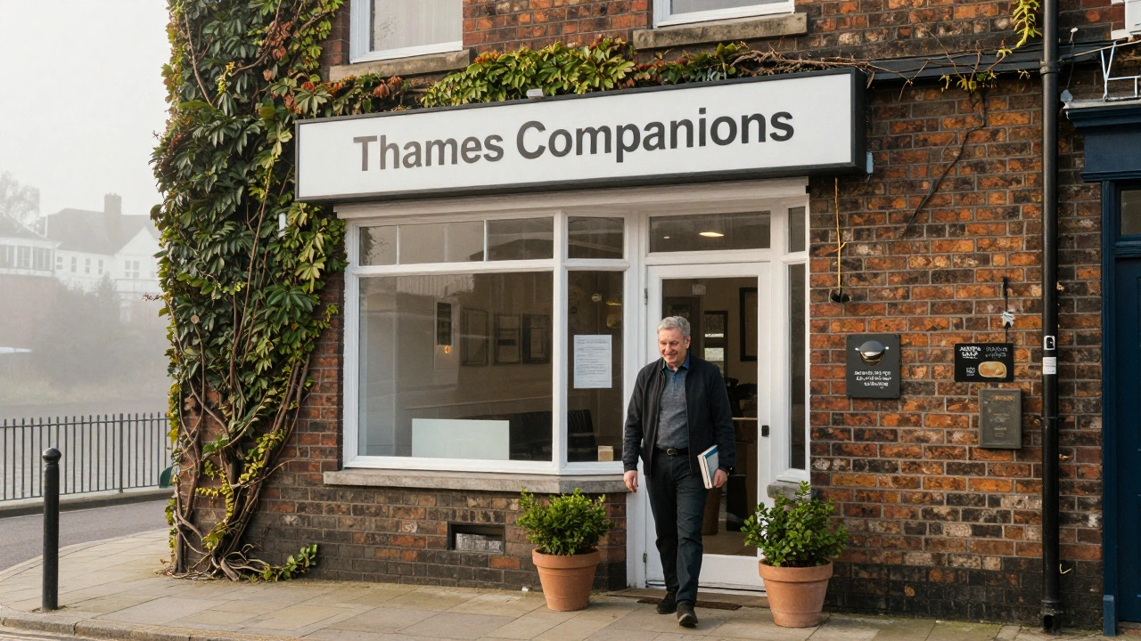 A discreet, ivy-covered agency building near Kingston Bridge, no signage, peaceful morning atmosphere.
