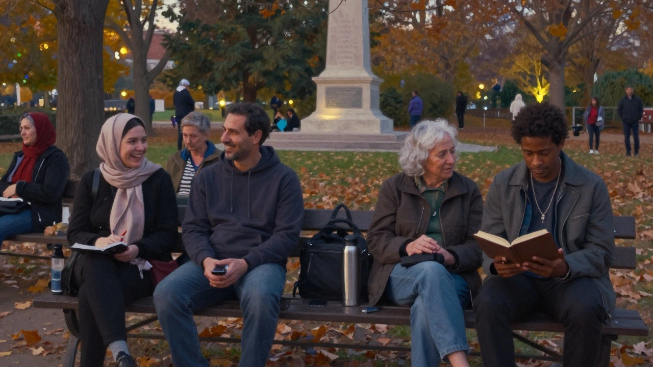 A diverse group of people relaxing together on a bench in Altab Ali Park at twilight, surrounded by autumn leaves.