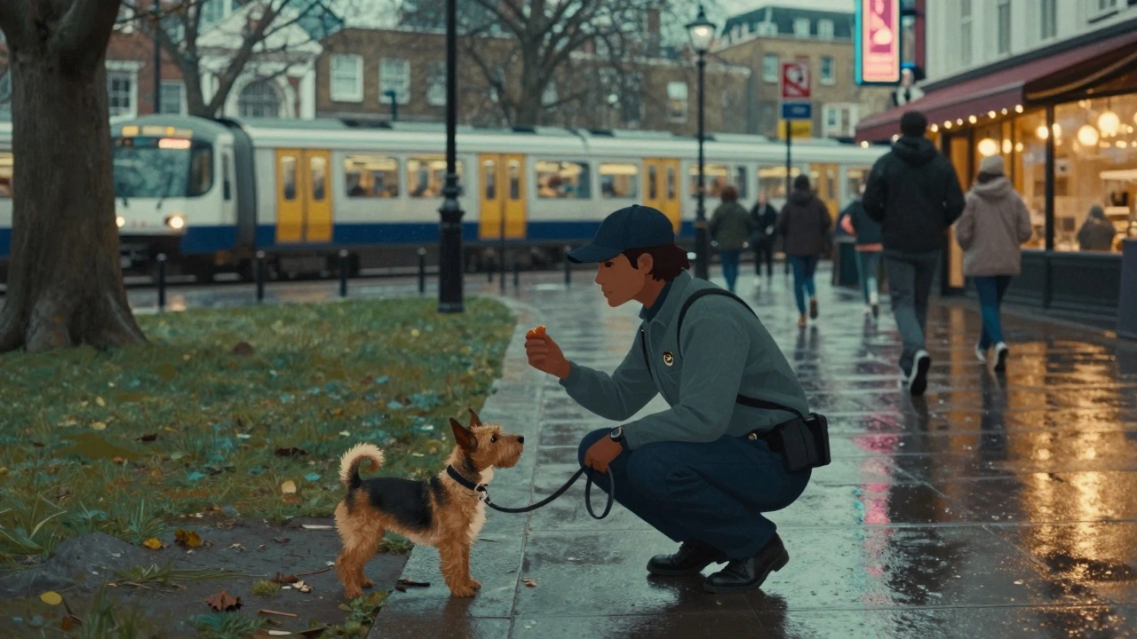 A dog walker offers a treat to a small terrier on the edge of Victoria Park in East London.