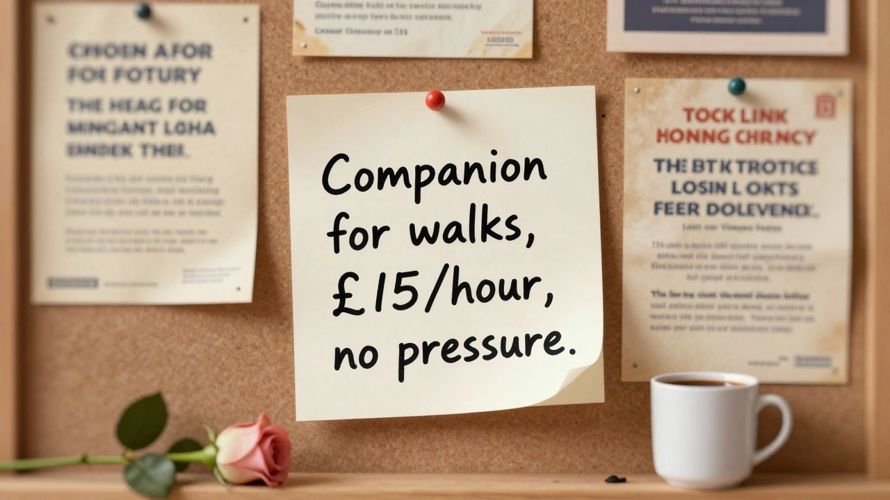 A handwritten note on a community board at Tooting Library offers companionship for walks, with a coffee mug and rose nearby.