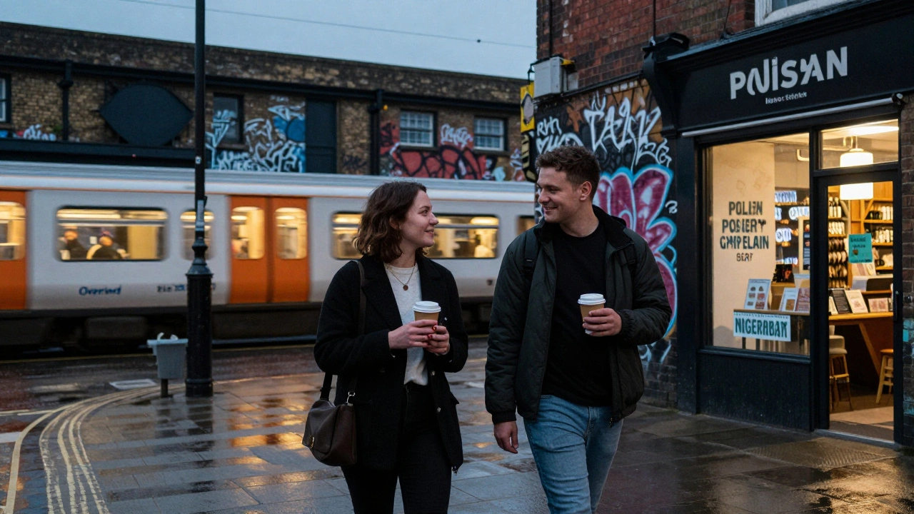A non-binary companion walks with a client through Hackney Wick, passing multicultural shops at dusk, both smiling in quiet connection.