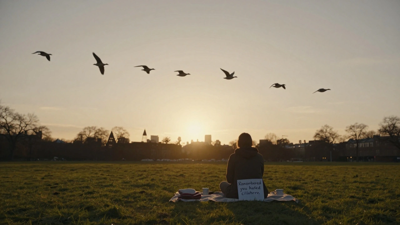 A solitary figure sits at Alexandra Palace Park at sunset, geese flying overhead, teacups beside a blanket with a subtle handwritten note.