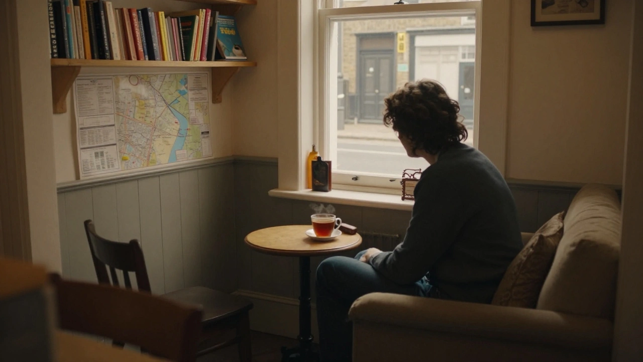 A warm, intimate flat above a bakery in Colindale with someone enjoying tea and quiet company.