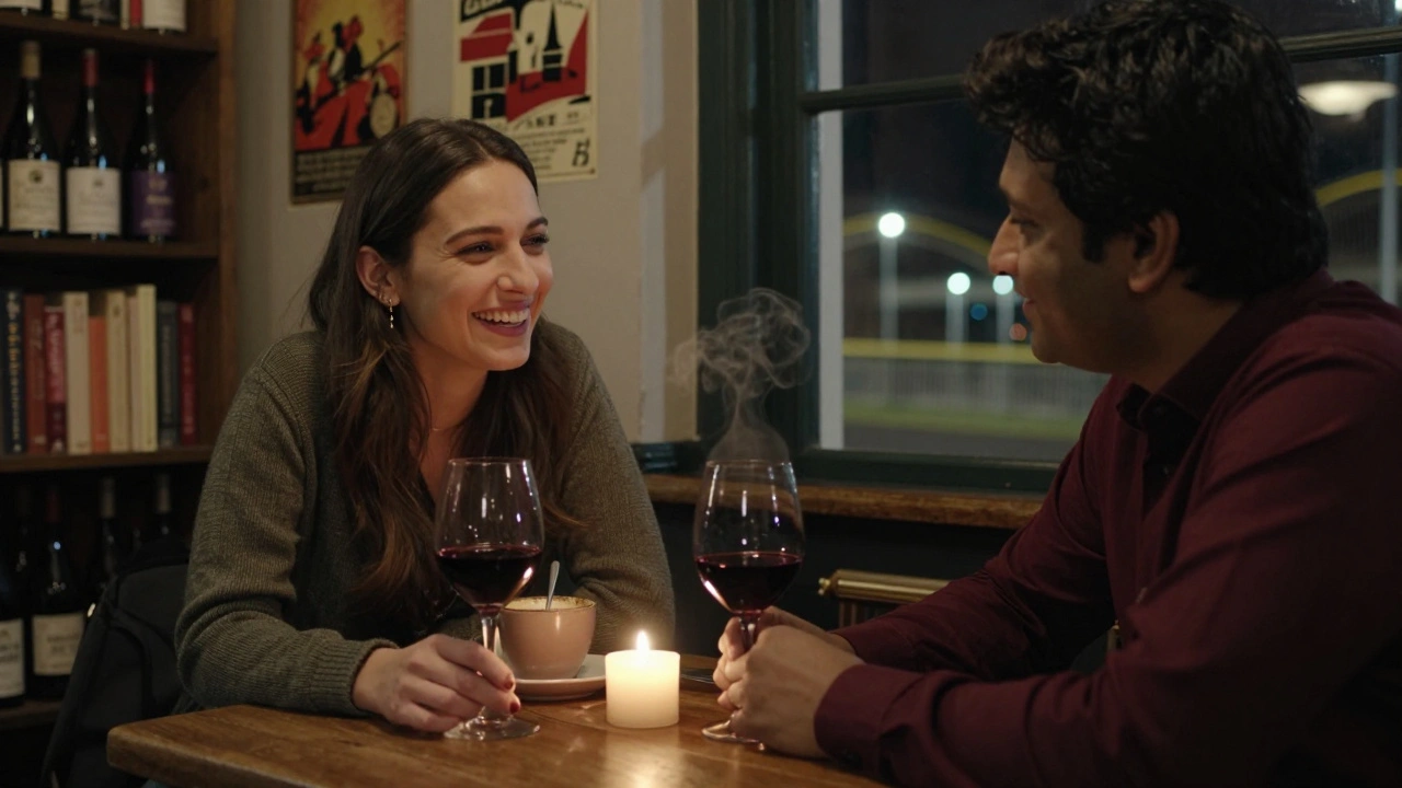 A woman and her companion sharing a quiet moment in a cozy Stratford wine bar, candlelight reflecting off their coffee cups.