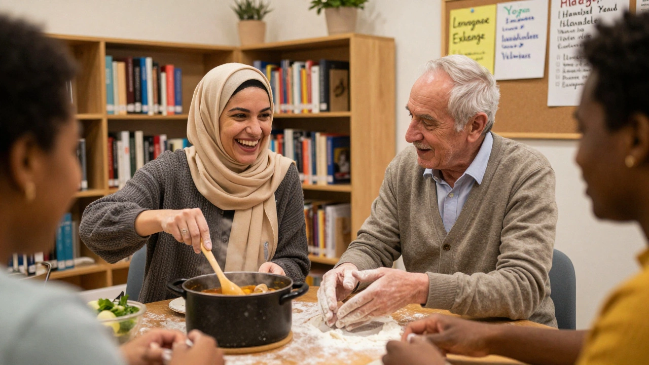 A woman and man cook together in Barnet Central Library’s community space, sharing food and laughter.