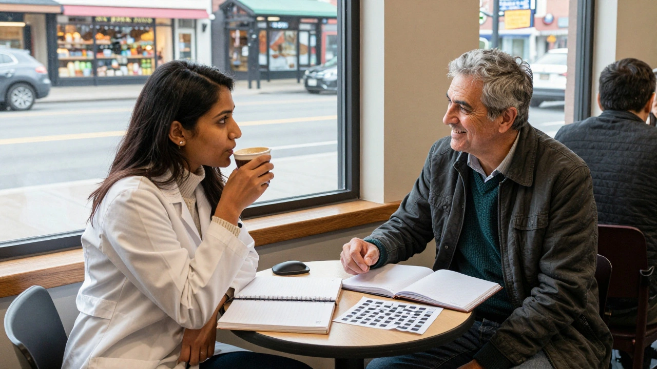 A woman and man in Edmonton’s Bruce Grove share coffee and a crossword, reflecting the area’s diverse, community-centered life.