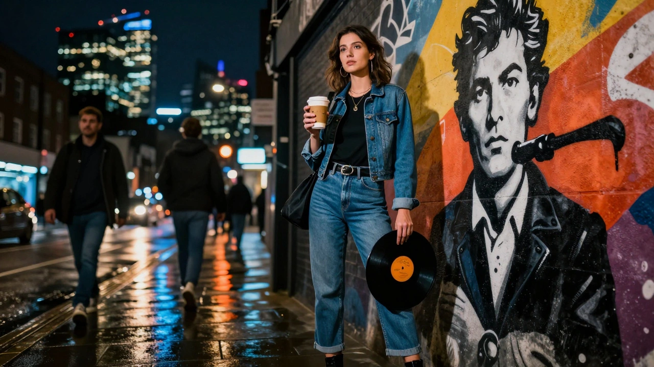 A woman in vintage denim standing beside a street mural in Shoreditch, holding a coffee and vinyl record.