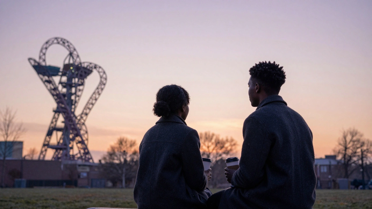 A young student and companion watching the sunrise over the Olympic Park, holding coffee cups as snow falls gently around them.