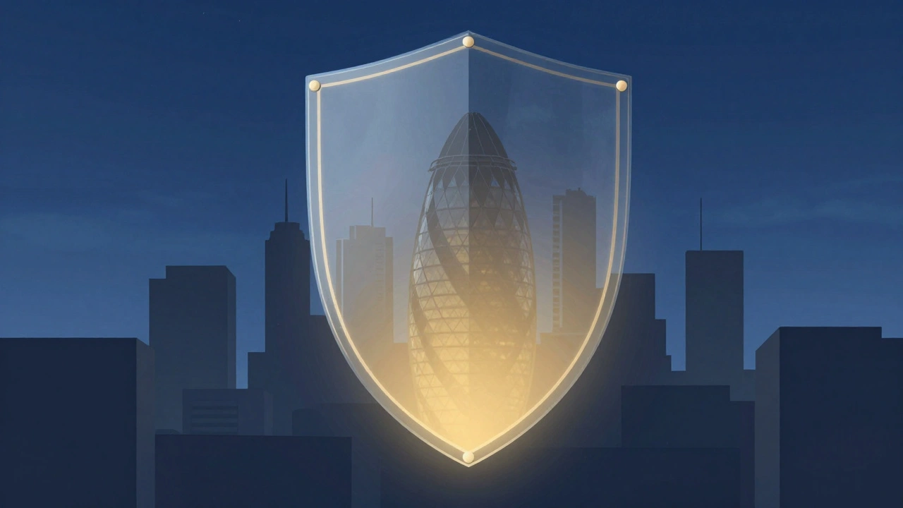 Abstract art of a protective shield over a London city skyline.