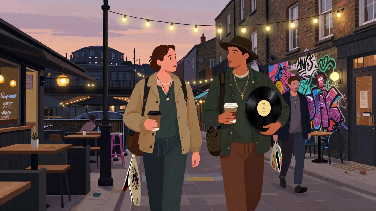 An escort and client walk together in Camden at dusk, carrying vinyl records and coffee cups under string lights.