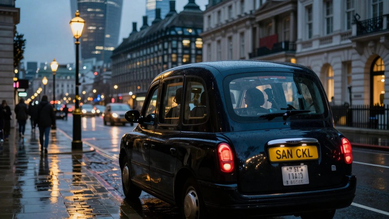 Classic black taxi driving through lit city streets at night