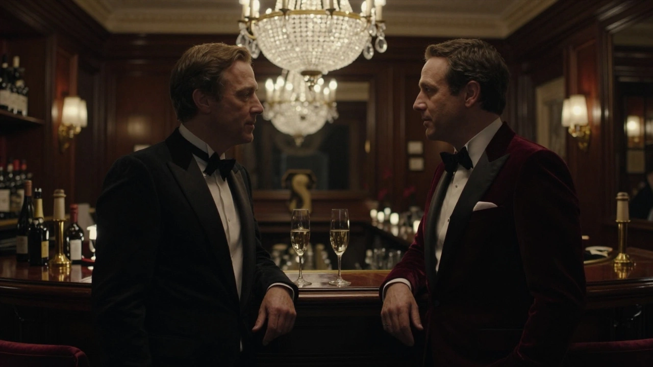 Formal couple conversing in an elegant private club interior.