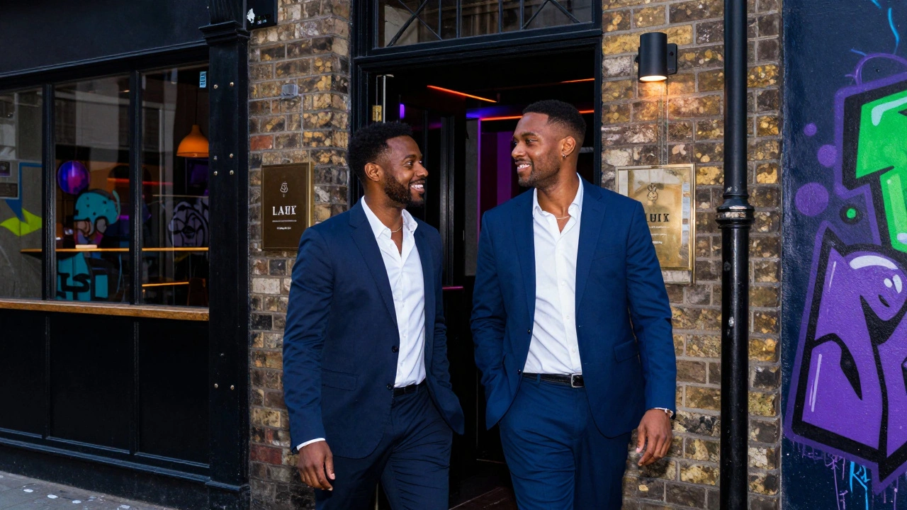 Friends chatting outside a trendy East London venue at night.