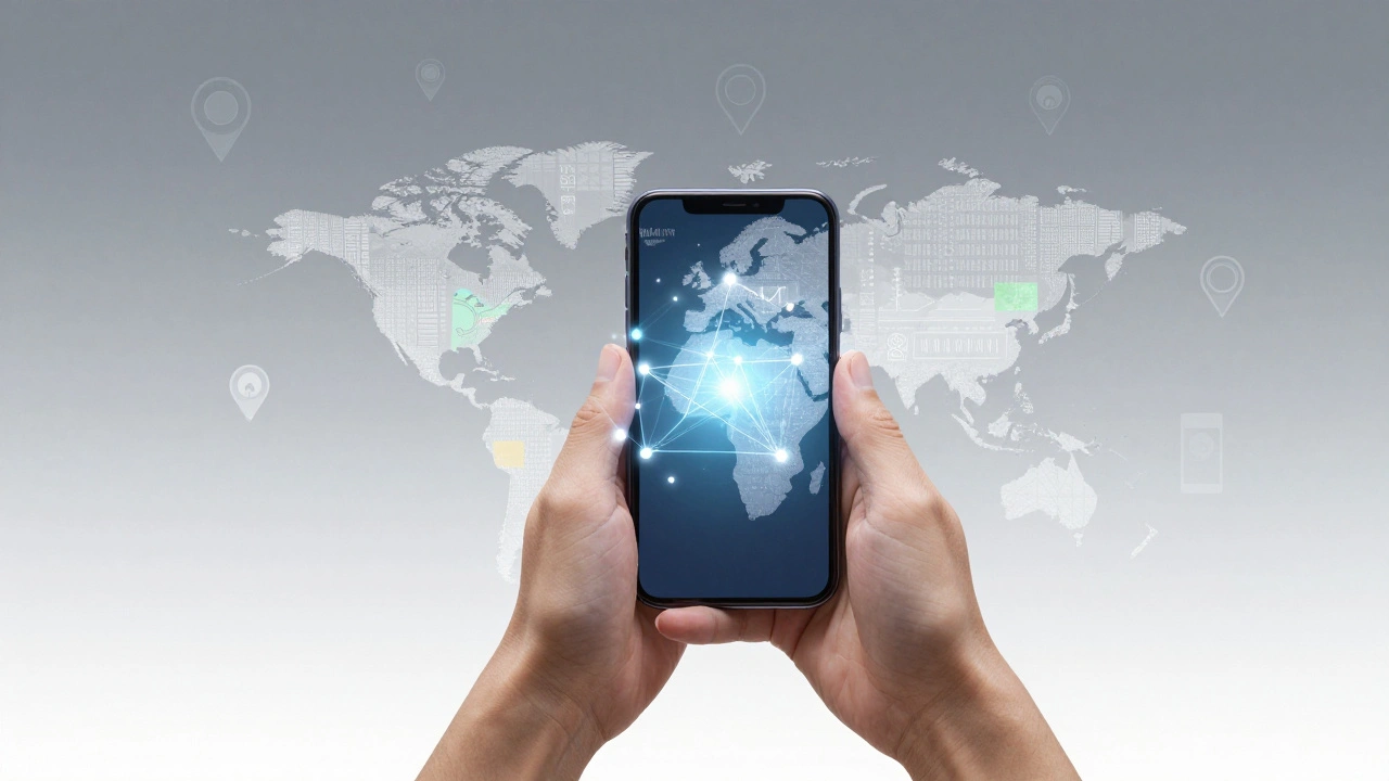 Hands holding phone with abstract network nodes and cultural symbols