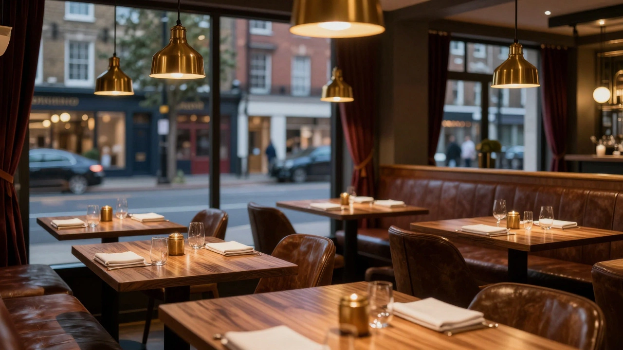 Interior of a dimly lit luxury gastropub with wooden tables