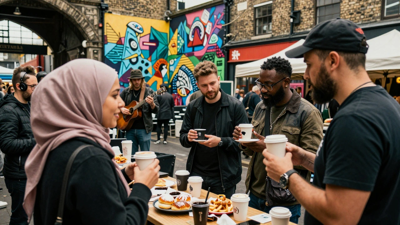 Locals enjoying artisan coffee and pastries at the vibrant Sunday market in Broadway Market, Stratford.