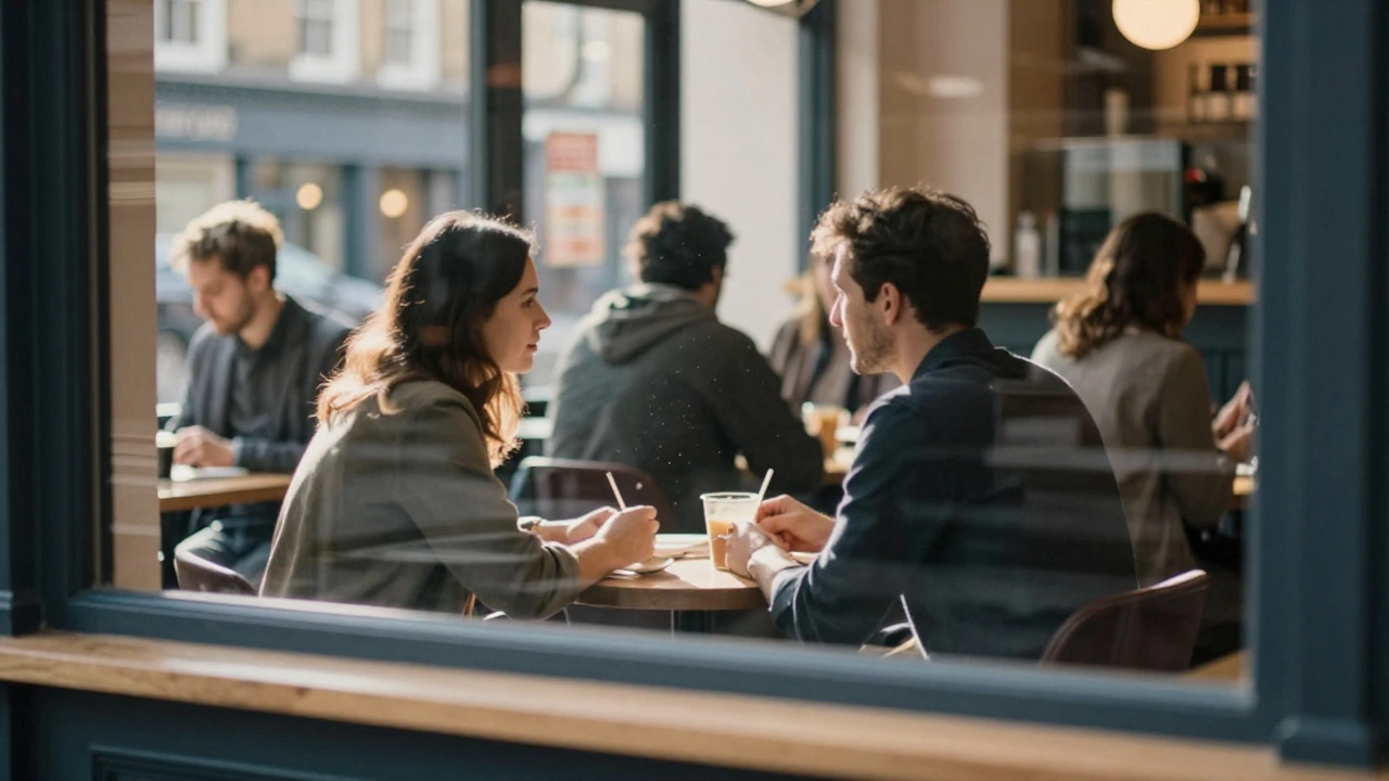 Silhouettes of two people talking in a well-lit public cafe window.