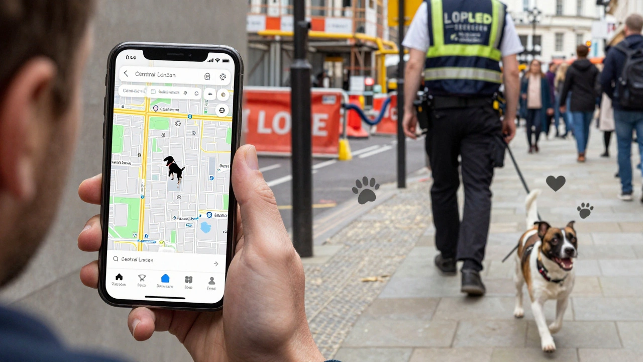 Split image showing a pet owner monitoring their dog's walk via GPS while the dog happily walks with a professional escort.