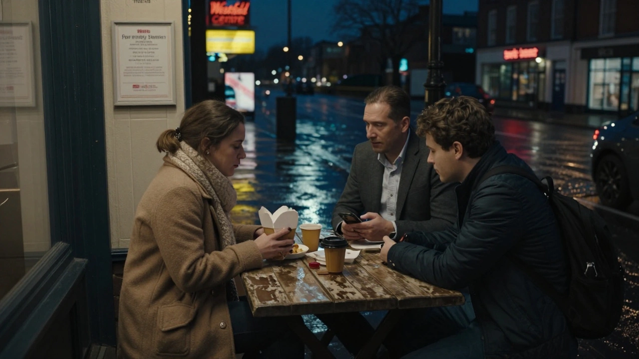 Three people share a meal at a café in Stratford at night, conversation flowing without phones or distractions.