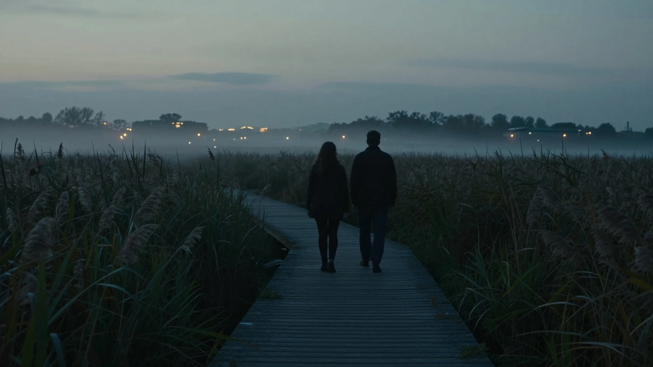Two figures walking along a boardwalk in Walthamstow Wetlands