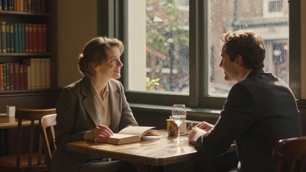 Two people enjoy a peaceful afternoon at a cozy London tavern, sunlight streaming through windows as they laugh over wine and books.