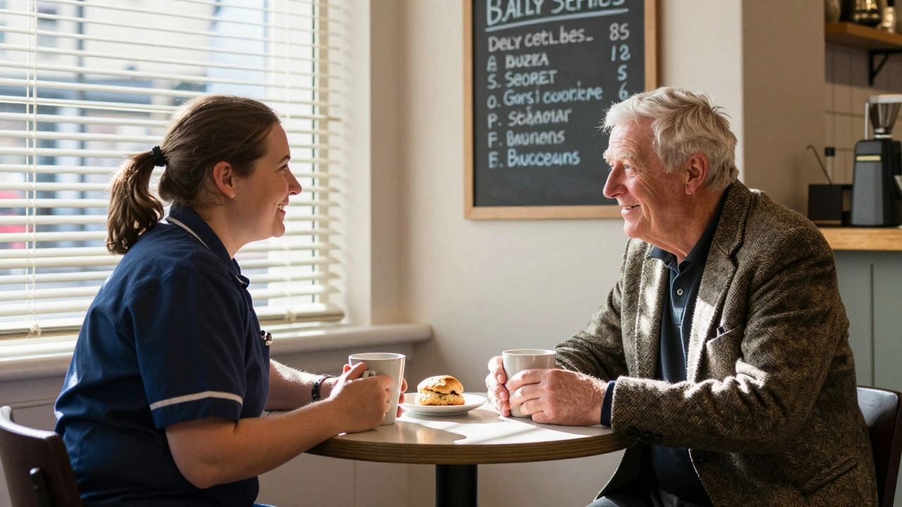 Two people having a calm, phone-free conversation in a local Woolwich café.