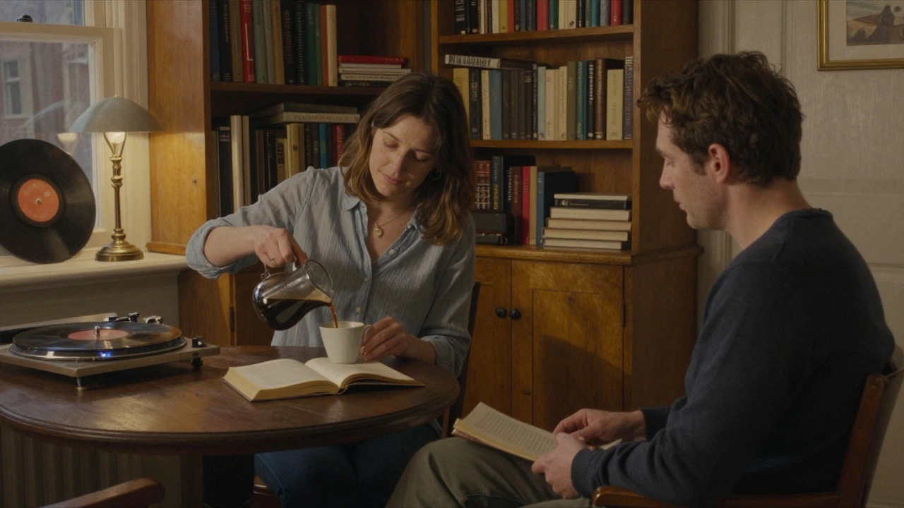 Two people share a quiet moment over coffee in a cozy Kingston cottage, books and jazz records nearby.
