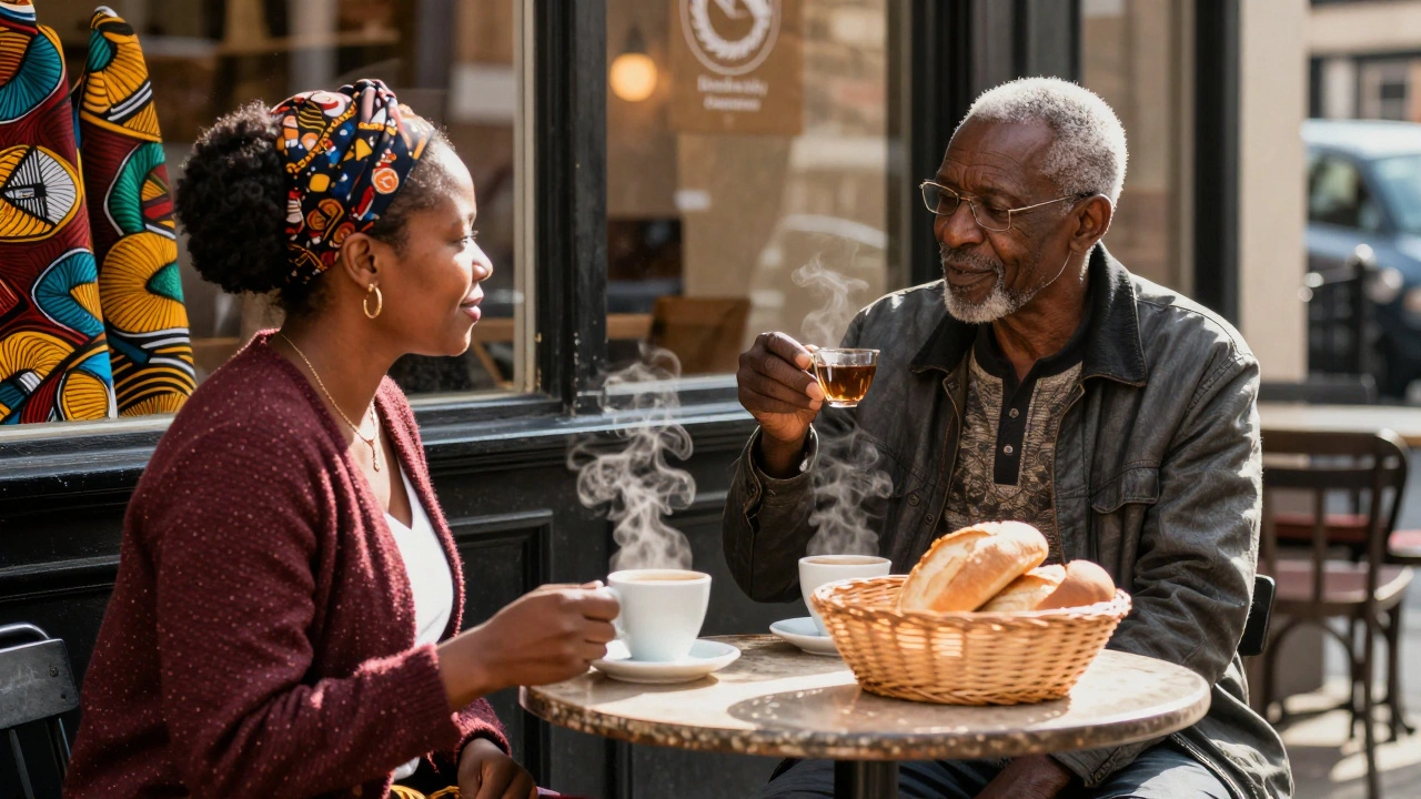 Two people share tea at a café on Streatham High Road, surrounded by vibrant cultural details and warm afternoon light.